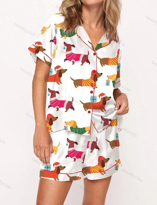 Christmas Festive Dachshund Satin Pajama Set