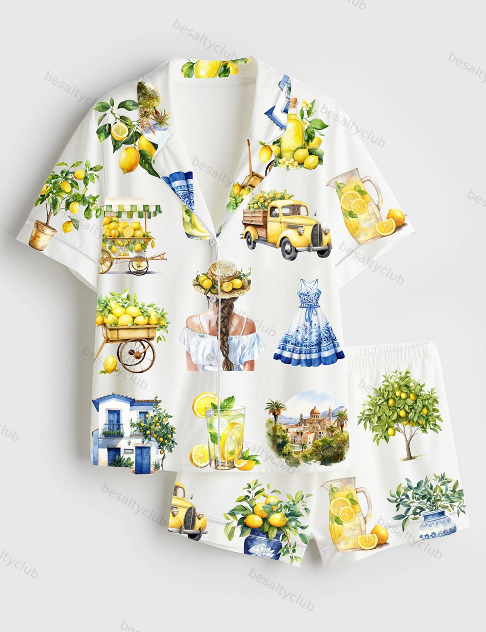 Watercolor Lemon Fruit Lemon Drop Martini Mediterranean Summer Ocean Beach Vibes Print Short Sleeve Satin Pajama Set