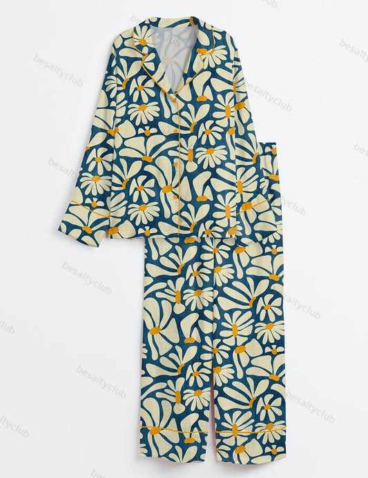 Retro Daisy Flower Power Blue Floral Vintage Groovy Print Long Sleeve Satin Pajama Set