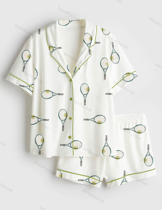 Tennis Rackets Short Sleeve Satin Pajama Set
