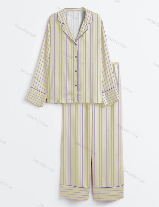 Buttery Yellow Cream Stripe Long Sleeve Satin Pajama Set