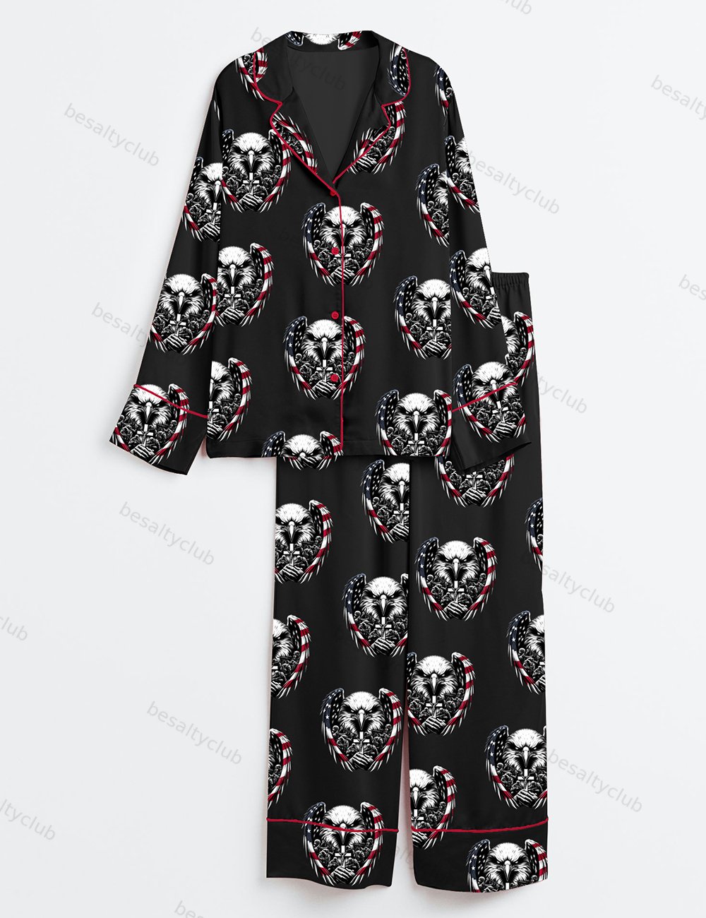 American Flag Eagle 4th Of July  Eagle Through Flag Memorial Day Print Long Sleeve Satin Pajama Set