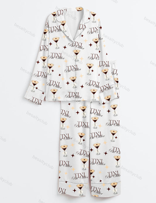 Tini Bit Older Dirty Martini Lover Tini Time Bachelorette Party Print Long Sleeve Satin Pajama Set