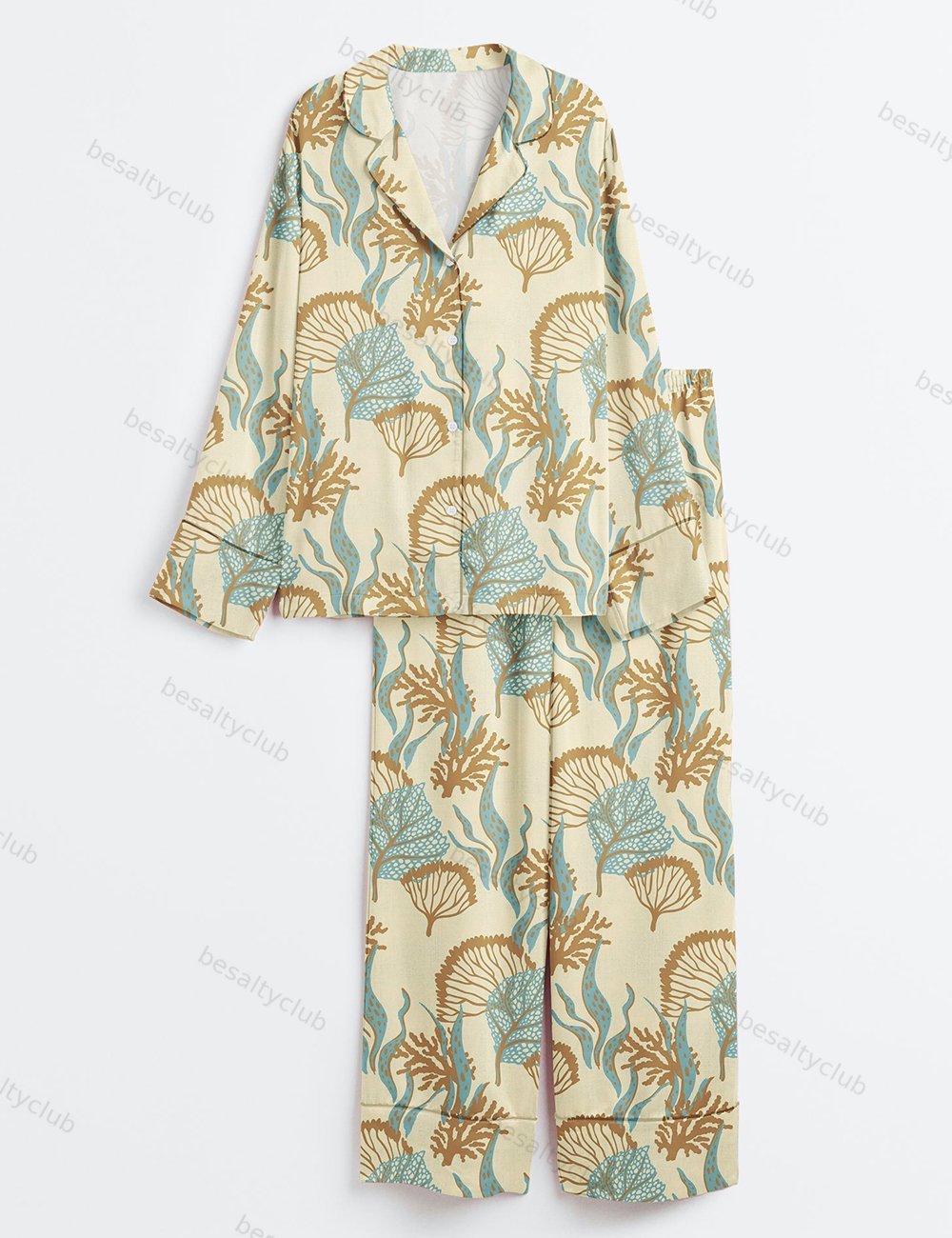 A Calming Coastal Coral Creation Long Sleeve Satin Pajama Set