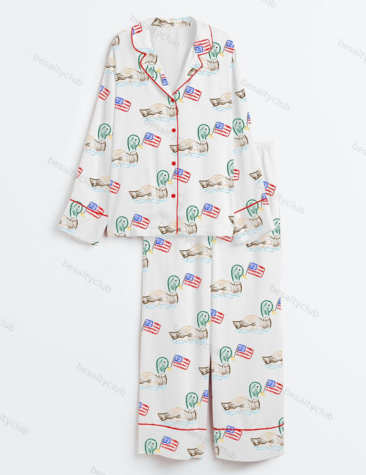 4th Of July Independence Day Patriotic USA Ducks Print Long Sleeve Satin Pajama Set