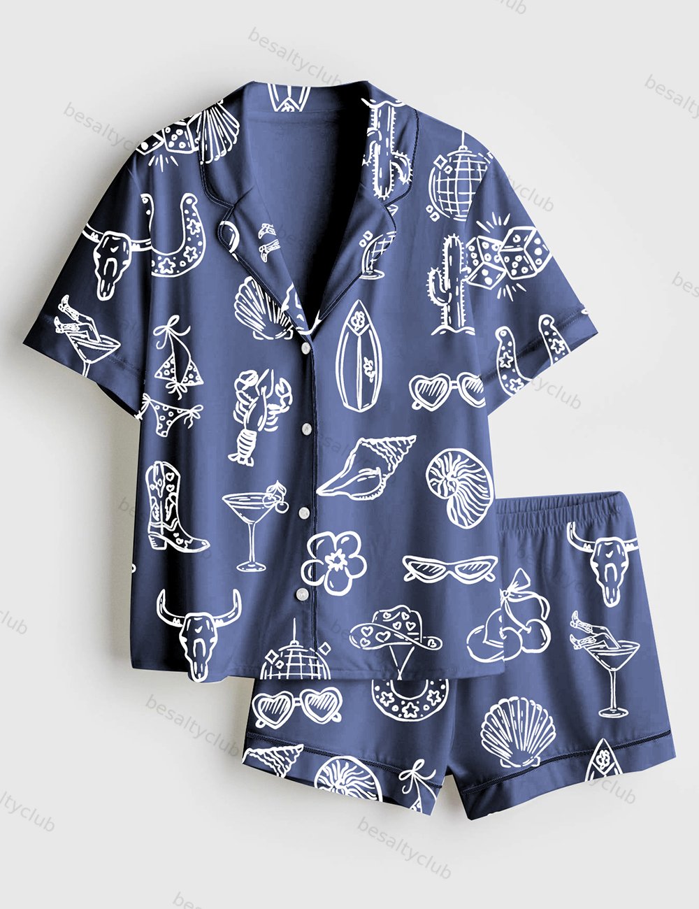 Women's Cowgirl Coastal Bachelorette Hand Drawn Whimsical Beach Short Sleeve Satin Pajama Set