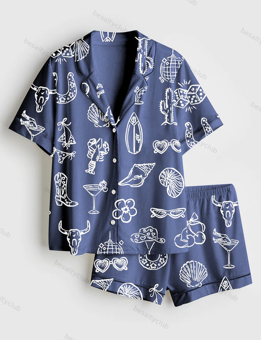 Women's Cowgirl Coastal Bachelorette Hand Drawn Whimsical Beach Short Sleeve Satin Pajama Set