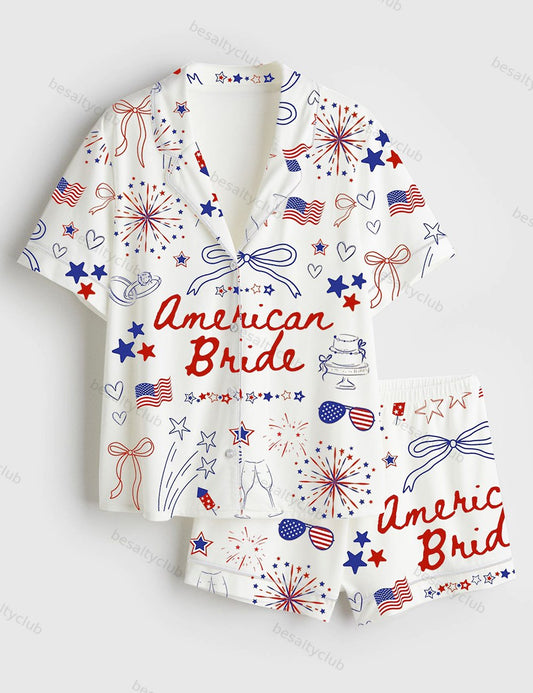 4th Of July Bachelorette Party American Bride Coquette Bow Independence Day Patriotic Bride Short Sleeve Satin Pajama Set