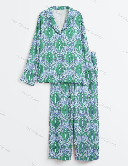 Palm Trees Green Springs Palm Summer Beach Layered Palm Print Long Sleeve Satin Pajama Set
