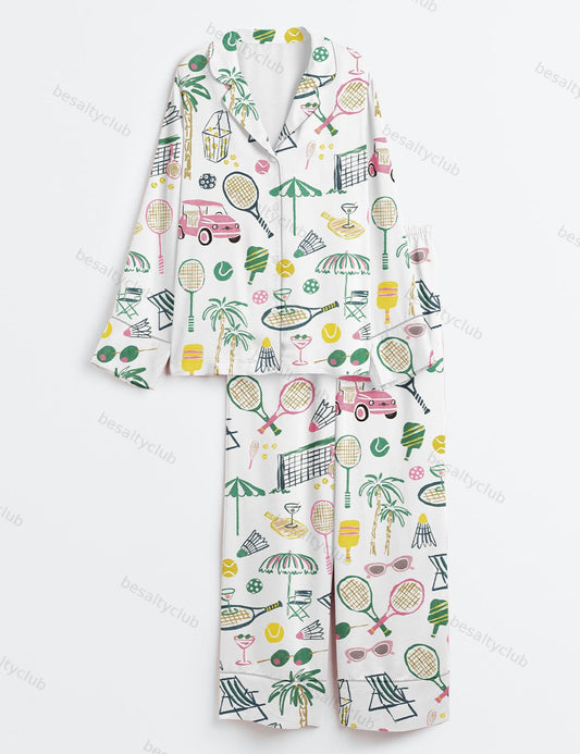 Hand Drawn Watercolor Tennis Bachelorette Party Country Club Tennis Pickleball Aesthetic Print Long Sleeve Satin Pajama Set