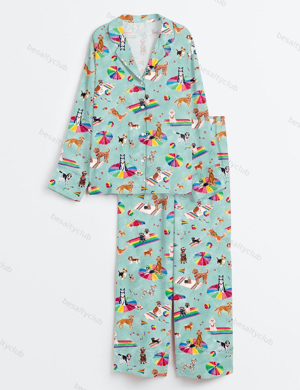 Rainbow Pride Summer Beach Dog Long Sleeve Satin Pajama Set