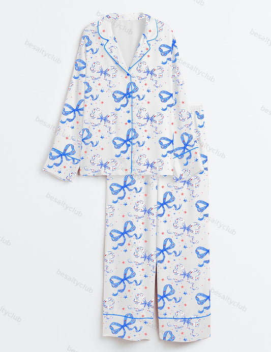 Coquette Bow Cute 4th Of July Red White Blue Long Sleeve Satin Pajama Set