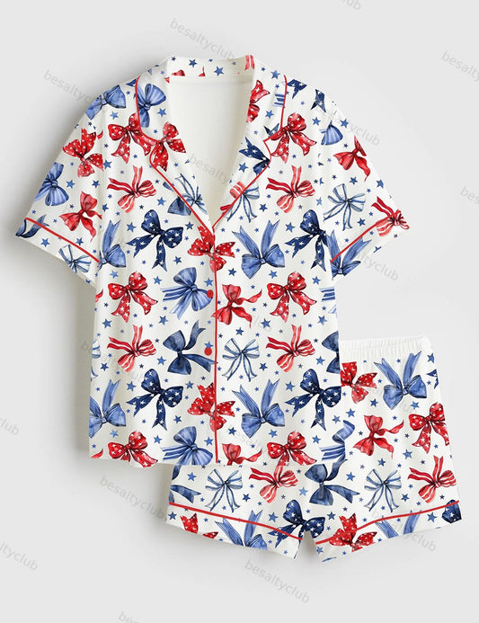 Patriotic Bows 4th Of July Red White And Blue Ribbon Short Sleeve Satin Pajama Set