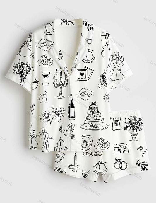 Hand Drawn Wedding Timeline Wedding Icons Champagne Print Short Sleeve Satin Pajama Set