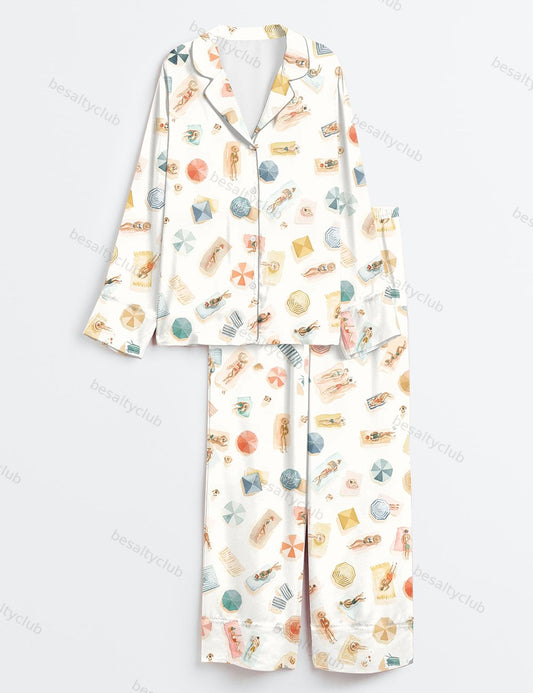 Summer Beach Travel Long Sleeve Satin Pajama Set