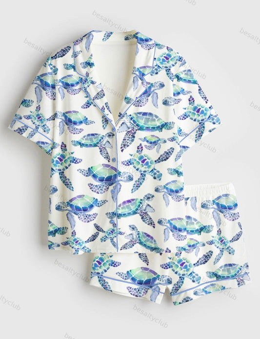 Sea Turtles Summer Sea Life Animal Print Short Sleeve Satin Pajama Set