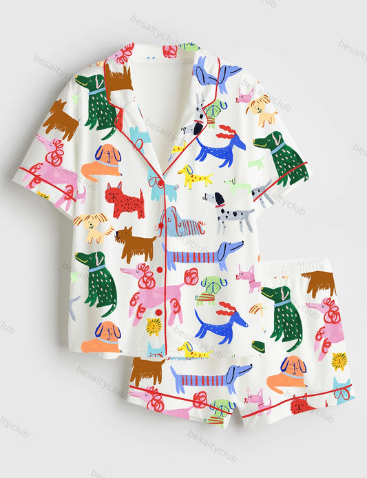 Happy Dogs Dachshund Dog Short Sleeve Satin Pajama Set