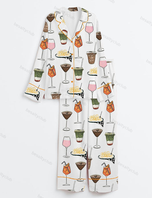 Martini Coffee Julep Cocktail Margarita Margs and Matrimony Spaghetti Bachelorette Wedding Drinks Long Sleeve Satin Pajama Set