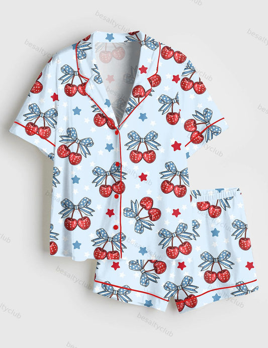 Patriotic 4th Of July Cherry Coquette Bow Print Short Sleeve Satin Pajama Set