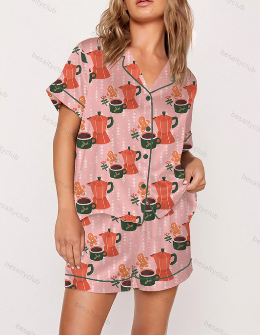 Warm Christmas Hand Drawn Satin Pajama Set