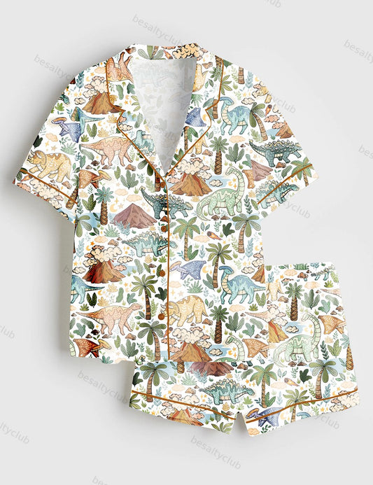 Dinosaurs Short Sleeve Satin Pajama Set