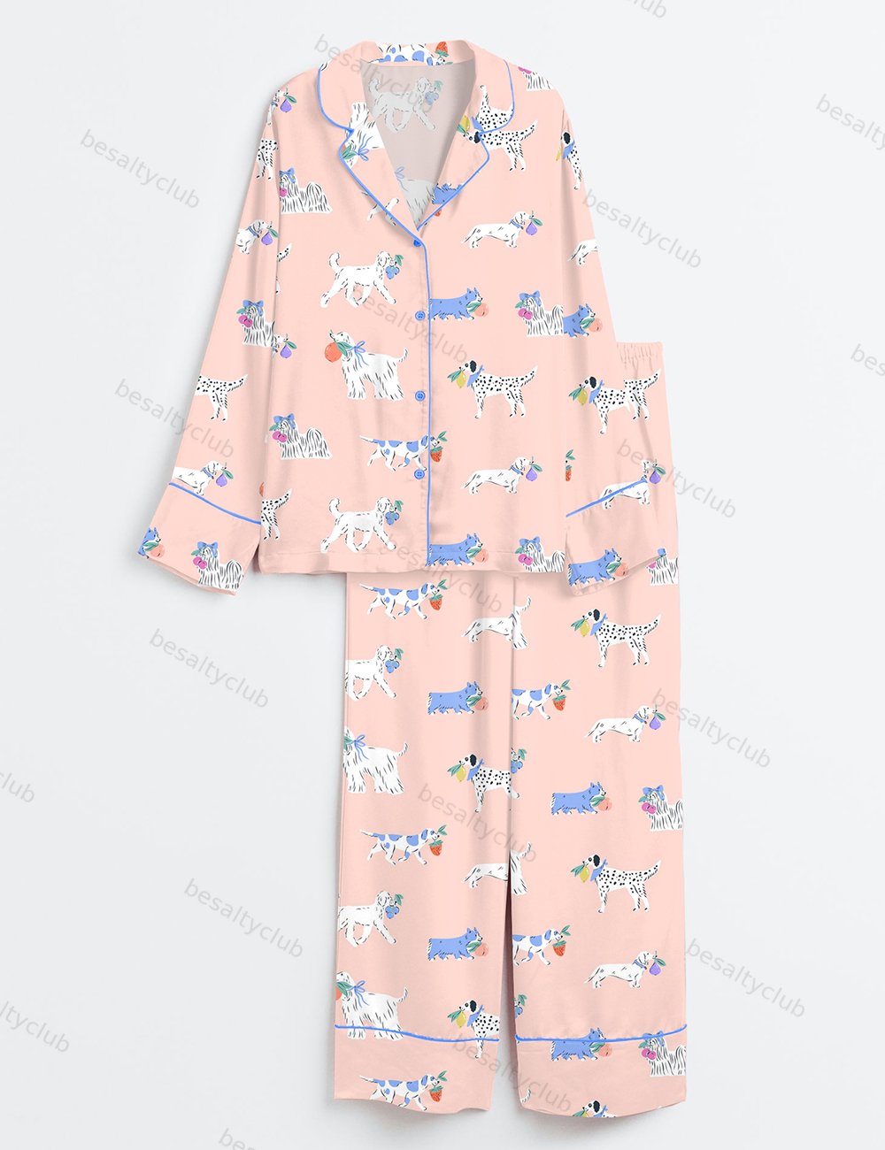 Cute Dogs Fruit Art Long Sleeve Satin Pajama Set