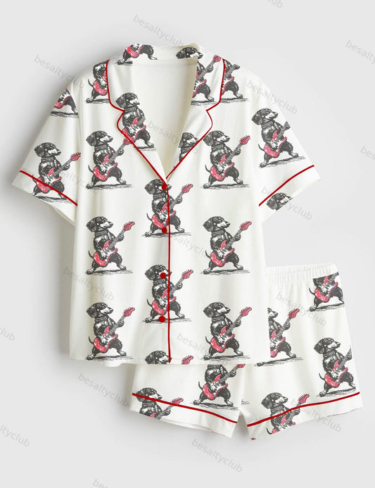 Rock Doxie Vintage Dachshund Weenie Playing Guitar Funny Wiener Dog Rocker Print Short Sleeve Satin Pajama Set