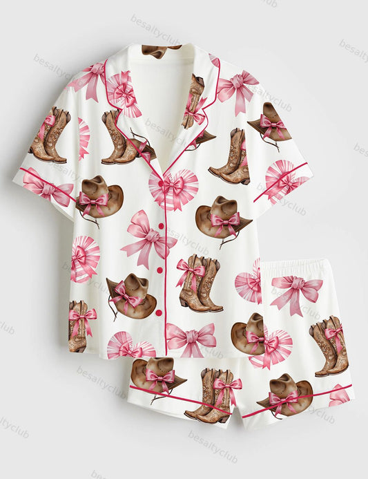 Western Cowgirl Boot Short Sleeve Satin Pajama Set