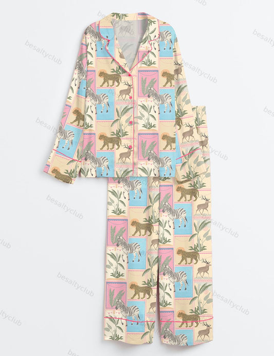 The Animals Are Walking Off The Wall Long Sleeve Satin Pajama Set