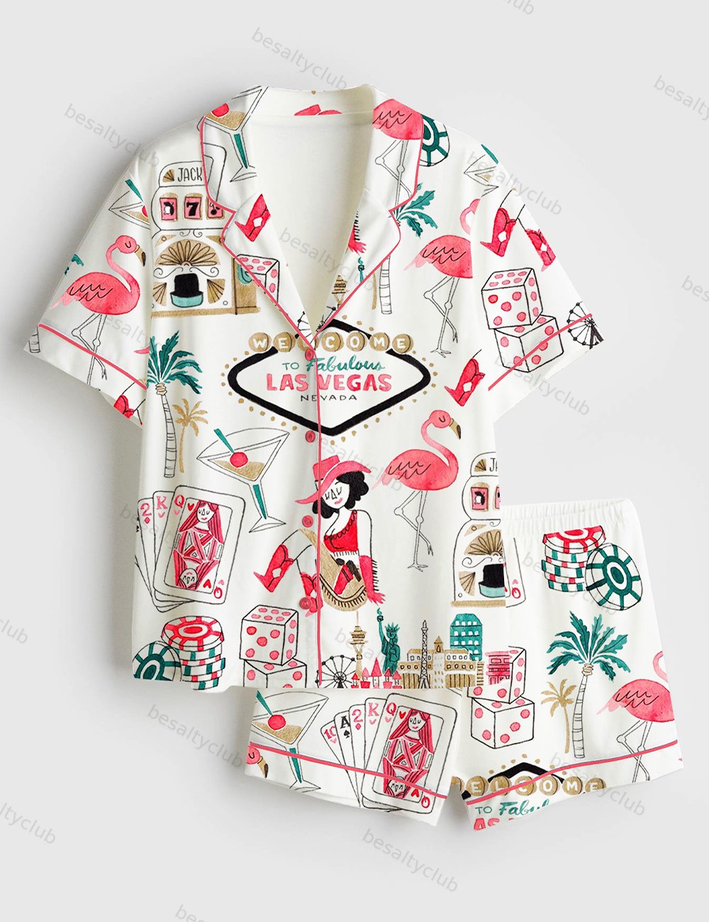 Las Vegas Watercolor Gambling Casino Nevada City Skyline Dice Slot Machine Print Short Sleeve Satin Pajama Set