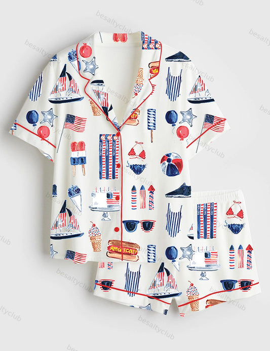 Watercolor Patriotic 4th Of July Short Sleeve Satin Pajama Set