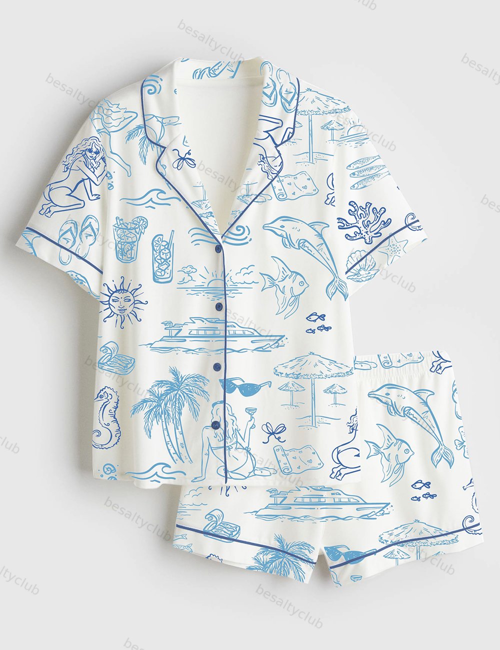Coastal Seaside Ocean Bachelorette Party Short Sleeve Satin Pajama Set