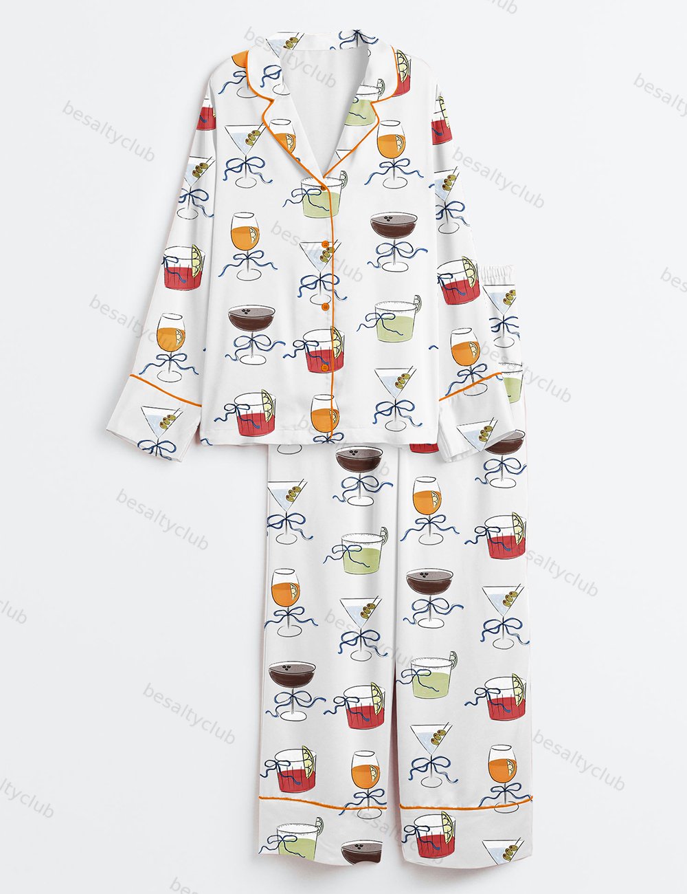 Cocktail Glass With Bow Hand Drawn Whimsical Dirty Martini Spritz  Negroni Margarita Icon Clip Art Long Sleeve Satin Pajama Set