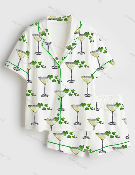 A Tini Bit Irish St. Patrick's Day Shamrock Print Short Sleeve Satin Pajama Set