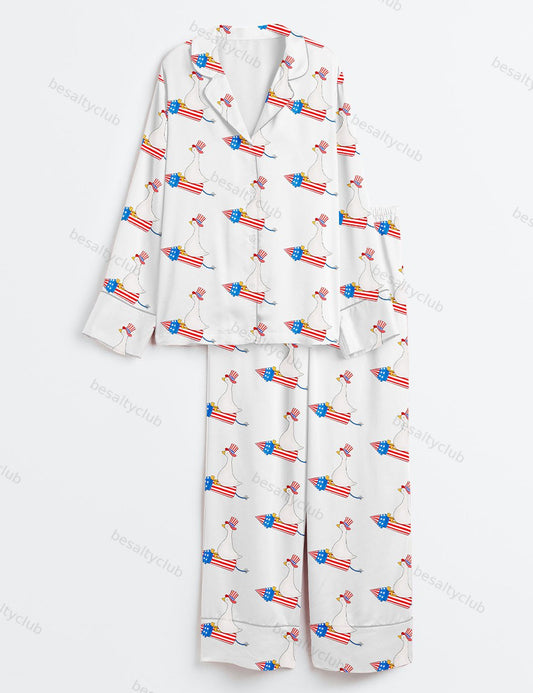 Funny 4th Of July Funny Goose Independence Day  USA Patriotic Firequacker Print Long Sleeve Satin Pajama Set