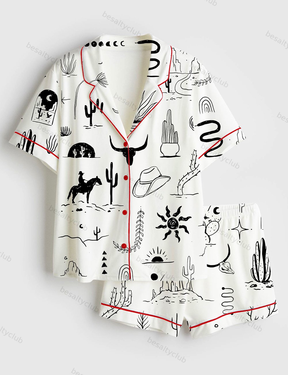 Wild Western Outdoors Adventure Silhouette Cowboy Cactus Mountain Snake Hand Moon Sun Print Short Sleeve Satin Pajama Set