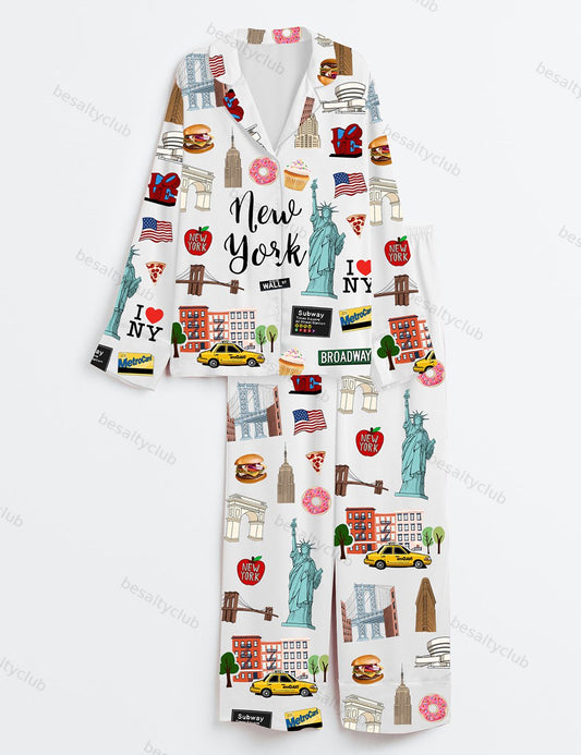 New York Travel GoodNotes Independence Day Long Sleeve Satin Pajama Set