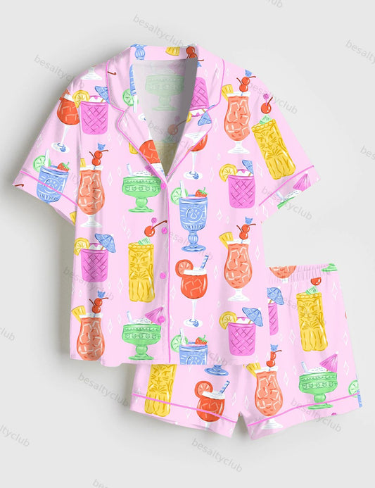 Cats Cocktails Summer Drinking Short Sleeve Satin Pajama Set