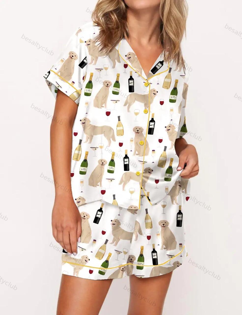 Golden Retriever And Wine Satin Pajama Set