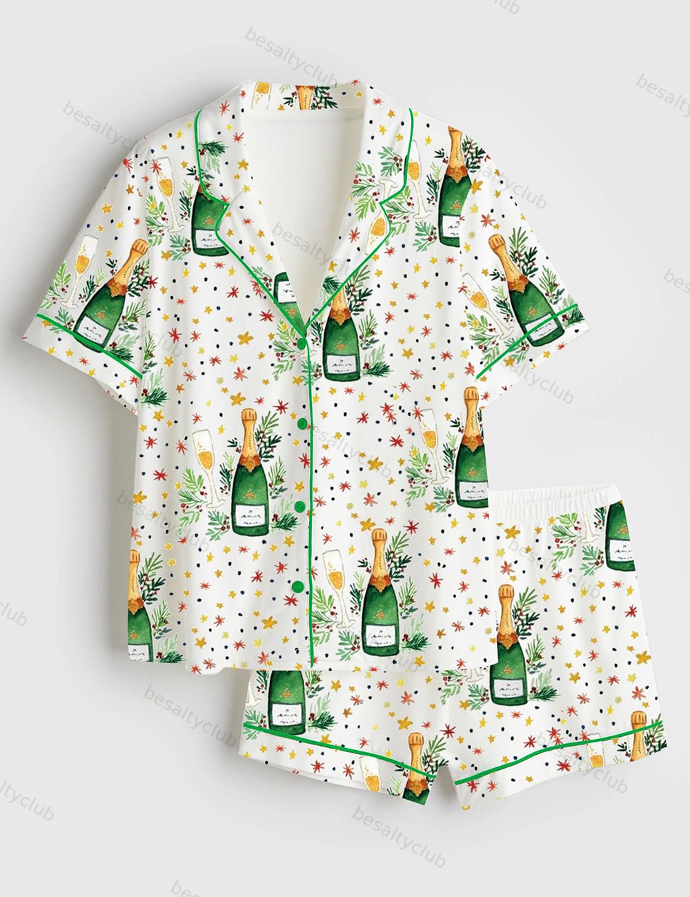 Champagne Glasses Drinking Short Sleeve Satin Pajama Set