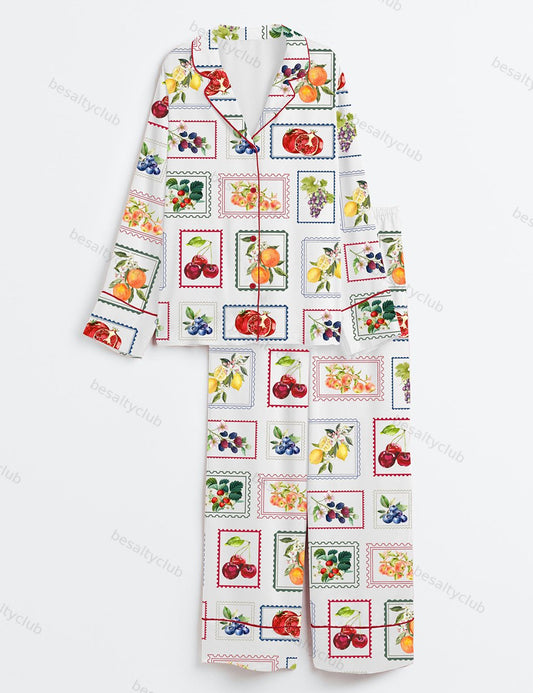 Summer Fruit Farmer's Market Cottage Core Gardening Long Sleeve Satin Pajama Set