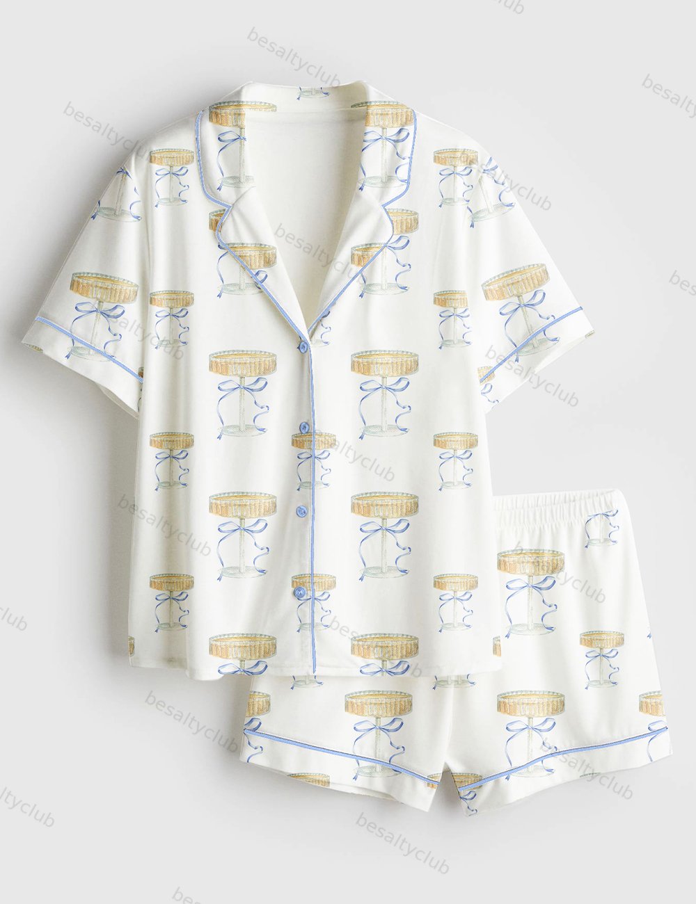 Elegant Blue Bow And Champagne Short Sleeve Satin Pajama Set