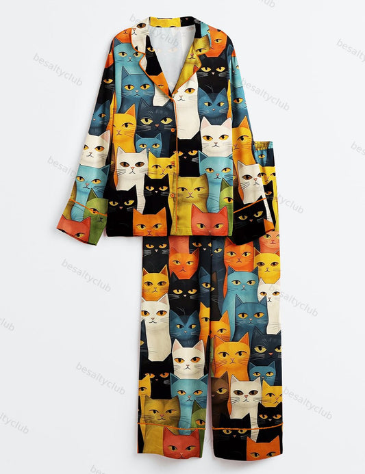 Staring Colorful Cat Long Sleeve Satin Pajama Set