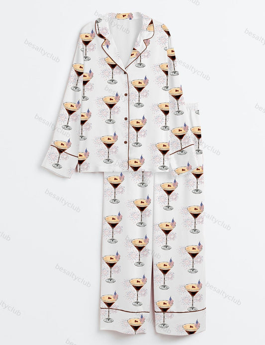4th Of July Espresso Martini Retro Fireworks Long Sleeve Satin Pajama Set