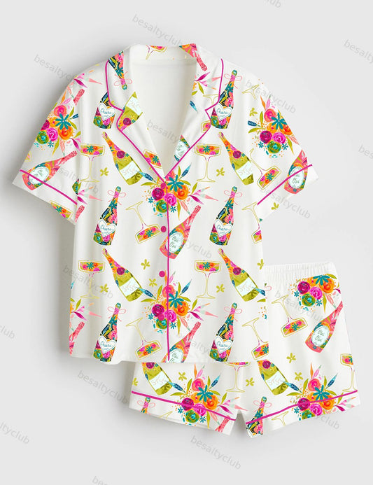 Floral Wine Lover Short Sleeve Satin Pajama Set