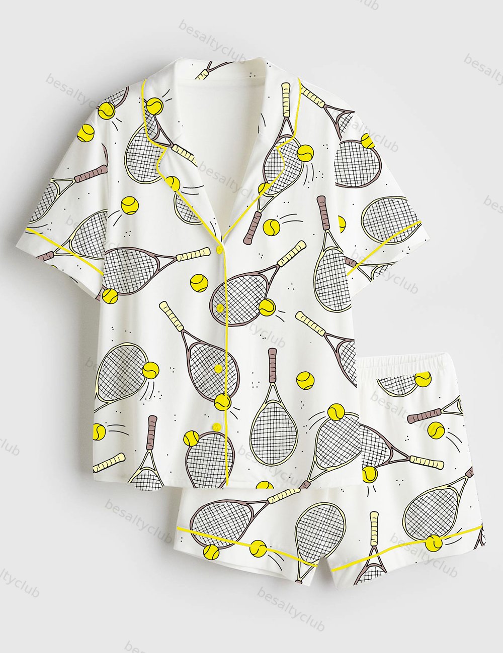 Tennis And Tennis Ball Racket Short Sleeve Satin Pajama Set