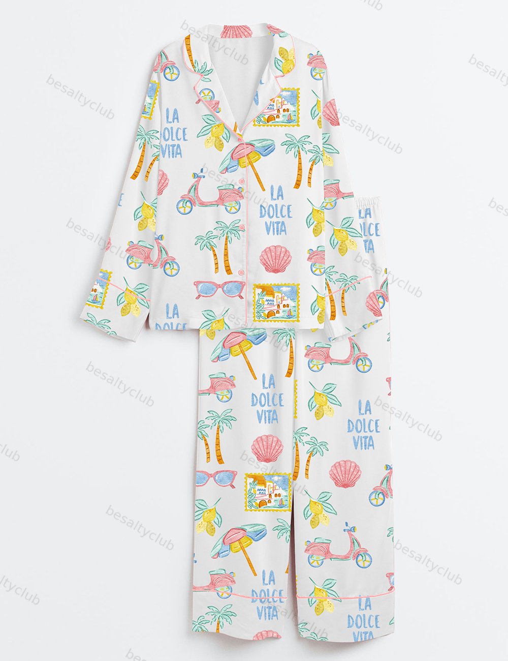 Summer Italian Beach Long Sleeve Satin Pajama Set