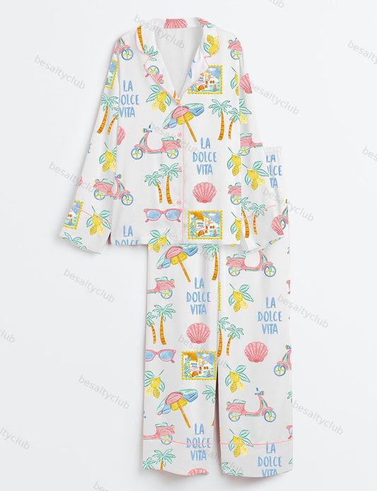 Summer Italian Beach Long Sleeve Satin Pajama Set