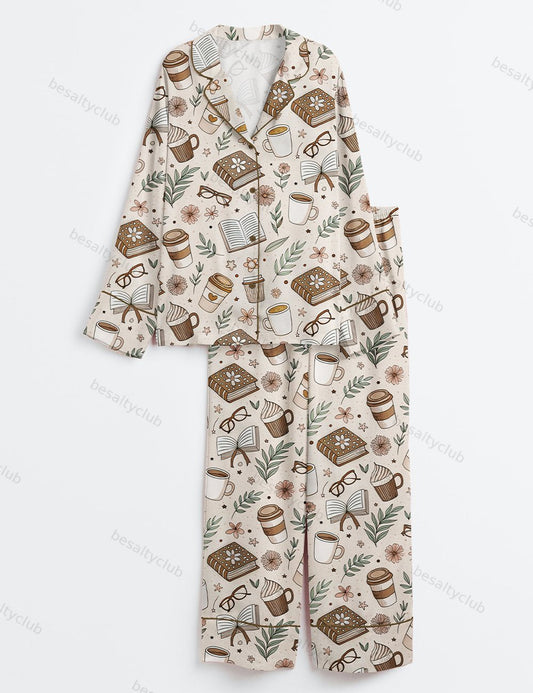 Beige Coffee And Books Reading Lover Girly Bookish Print Long Sleeve Satin Pajama Set