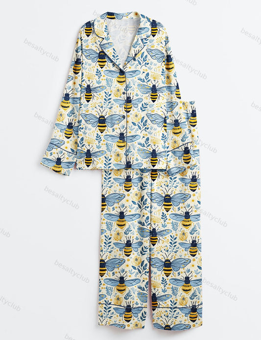 Flowers And Bees Wildflower Honeybee Summer Surface Long Sleeve Satin Pajama Set